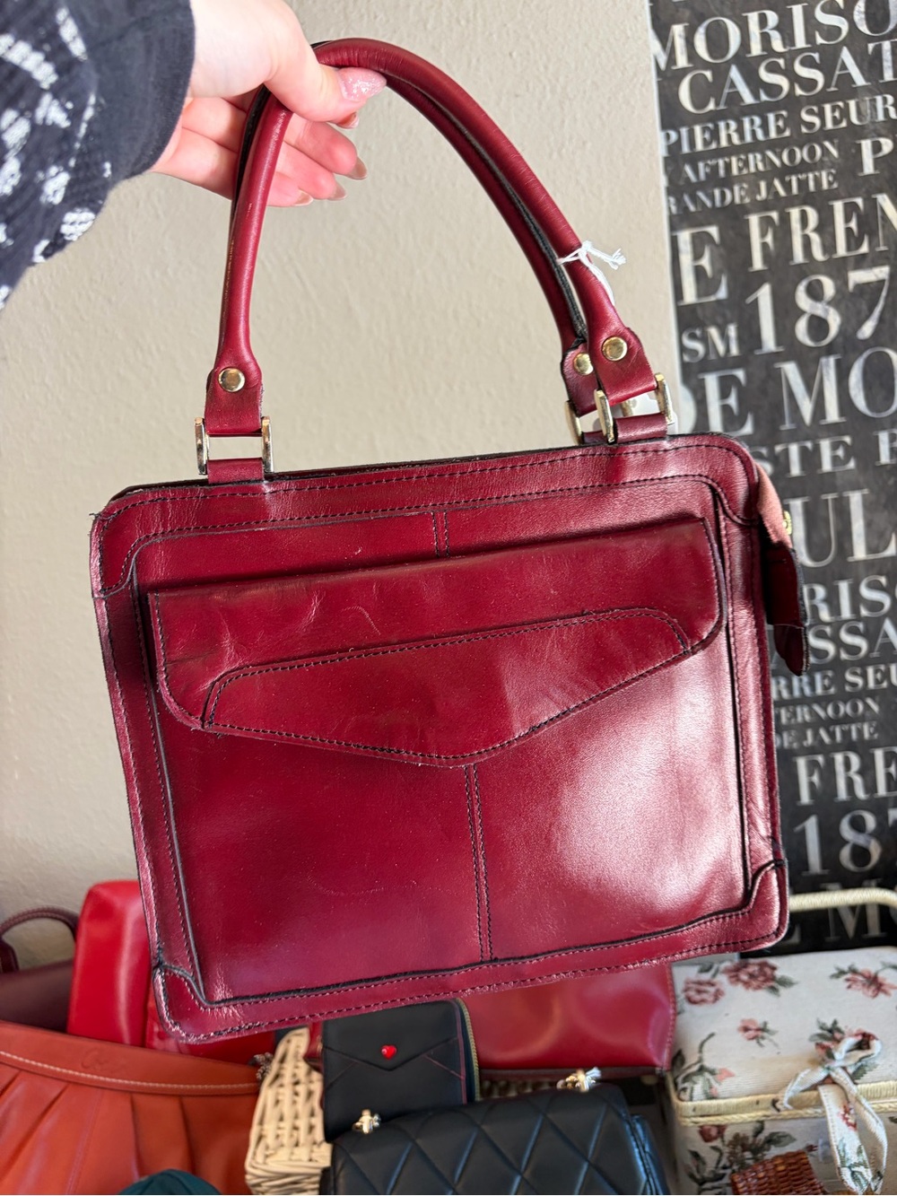Classic Structured Leather Satchel - Burgundy
